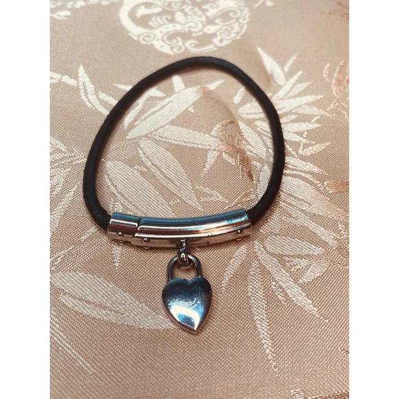 Hermes’ Black Leather Cadena Fantasy Bracelet with Silver Heart Charm 6” wrist